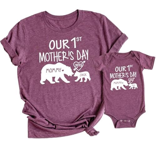 Our 1st Mother's Day Shirt, Mommy and Me Shirts, Matching First Mother's Day Outfits, Customizable with Names and Date, Baby Bodysuit and Mom Shirt Set, Mother's Day Gift Idea, Pack of 2 - Image 1