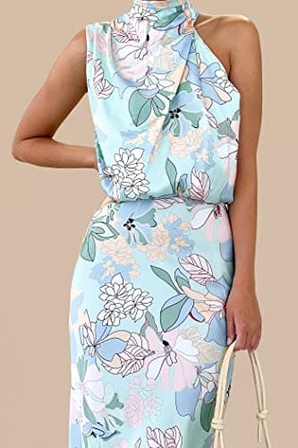 PRETTYGARDEN Women's 2025 Summer Satin Dress Elegant Sleeveless Mock Neck Cocktail Party Maxi Dresses (Print Blue,Large) - Image 3