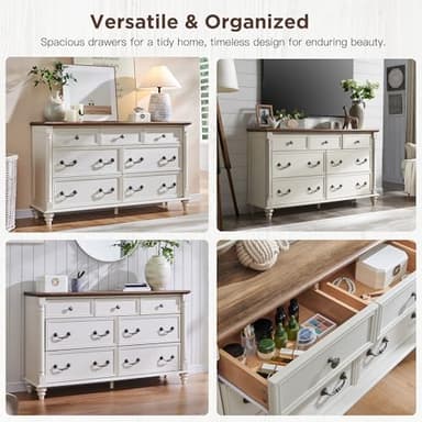 T4TREAM Farmhouse 7 Drawers Dresser Chests for Bedroom with 4 Solid Wood Feet, Tall Wide Wood Country Rustic Chest of Drawers, Storage Dressers for Bedroom, Living Room, Antique White - Image 4