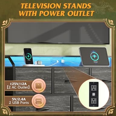 WLIVE Led Dresser for Bedroom, TV Stand for Bedroom with LED Lights and Power Outlet, Wide Chest of Drawers for Hallway, 8 Fabric Drawers for Living Room and Entryway, Charcoal Black Wood Grain Print - Image 7