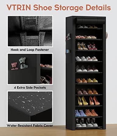 VTRIN Vertical Narrow Shoe Rack Organizer 10 Tier Tall Shoe Shelf Holds 20-22 Pairs with Non-Woven Dustproof Cover for Closet, Entryway Black - Image 4