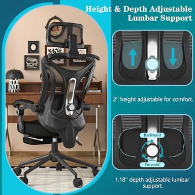 CYKOV Ergonomic Office Chair - Adjustable Lumbar & Headrest, 90-160° Reclining with Footrest, Breathable Mesh Back - Home Office/Gaming Computer Chair (Black, 300lbs Capacity) - Image 4