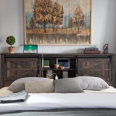 T4TREAM Farmhouse King Size Bed Frame w/Storage Bookcase Headboard, Sliding Barn Door, Charging Station, Rustic Wood Platform Bed w/Wood Slats Support, No Box Spring Needed, Dark Rustic Oak - Image 2