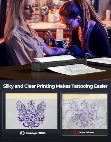 MUNBYN Tattoo Stencil Printer ITP06, 300DPI Wireless Thermal Tattoo Printer with 20 Transfer Papers, Tattoo Printers Compatible with Smartphone & PC for Tattoo Artists & Beginners - Image 2