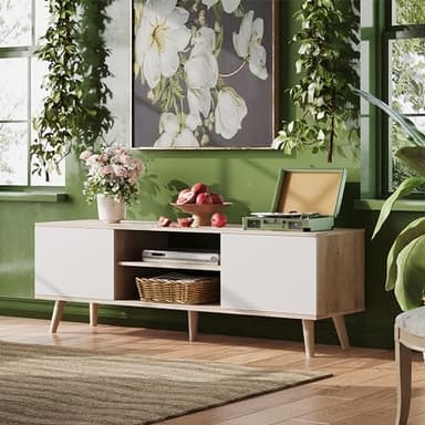 WLIVE TV Stand for 55 60 inch TV, Boho Entertainment Center with Storage Cabinets, TV Console for Living Room Decor, Greige White - Image 2
