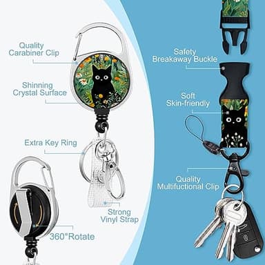 Black Cat Flower Lanyards for Id Badges, Id Badge Holder Heavy Duty and Retractable Keychain, Cute Badge Reel with 360 Degrees Rotate Carabiner Clip, Women Student Daily Office - Image 5
