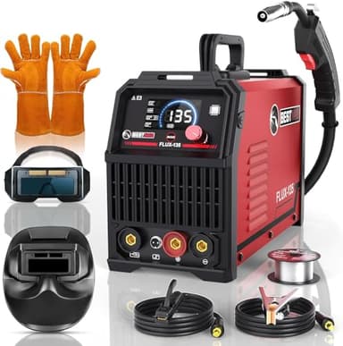 BESTMIG 135A MIG Welder - 3-in-1 Flux Core Welder, MIG/Lift TIG/Stick Welding Machine - Portable IGBT Inverter - 110V with Welder Helmet and Gloves (Red Black, MIG 135A Welder) - Image 1