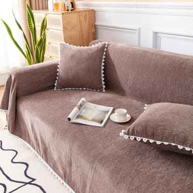 VClife Couch Cover Modern Brown Couch Covers for 2 Cushion Couch Sofa - Washable Chenille Sofa Cover with Lace for Living Room Office RV Bedroom (71"X118") Gift for Christmas Thanksgiving Birthday - Image 8