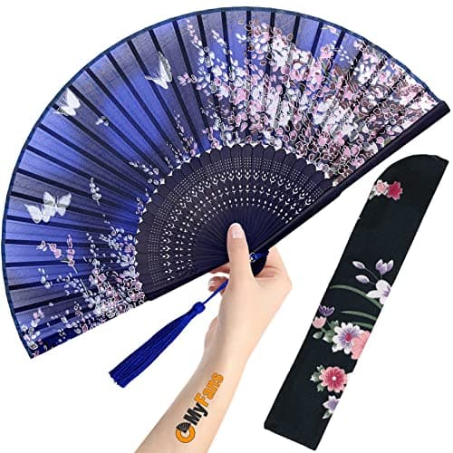 OMyFans Hand Fan for Women Foldable - Folding Chinese Japanese Vintage Bamboo Silk Fan - Ideal for Hot Flashes, Church, EDM, Festivals, Dancing and Gifts (Sakura-Blue) - Image 1
