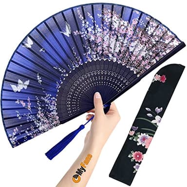 OMyFans Hand Fan for Women Foldable - Folding Chinese Japanese Vintage Bamboo Silk Fan - Ideal for Hot Flashes, Church, EDM, Festivals, Dancing and Gifts (Sakura-Blue) - Image 1
