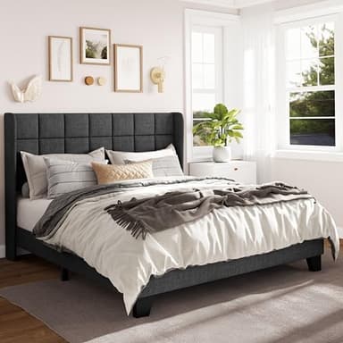Allewie Queen Size Platform Bed Frame with Wingback, Fabric Upholstered Square Stitched Headboard and Wooden Slats, Mattress Foundation, Box Spring Optional, Easy Assembly, Dark Grey - Image 1