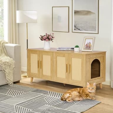 Homhedy Boho Cat Litter Box Enclosure for 2 Cats, Wooden Cat Washroom Furniture with Double Rattan Decorated Doors, Pet House,47.2”L x 19.7”W x 21.7”H, Natural - Image 8