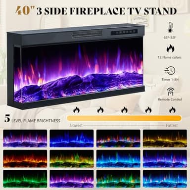 AMERLIFE 75in 3-Sided Glass Fireplace TV Stand with LED Lights for TVs up to 85", Rustic Fireplace Media Entertainment Center Console Cabinet Table with Glass Door Closed Storage, Black - Image 5