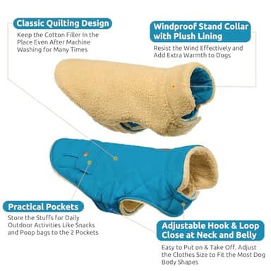 Queenmore Dog Winter Coat Warm Puffer Jacket Waterproof Plush Lining Thermal Cold Weather Vest for Small Medium Large Dogs, Windproof Easy On Pet Jacket Blue S - Image 2