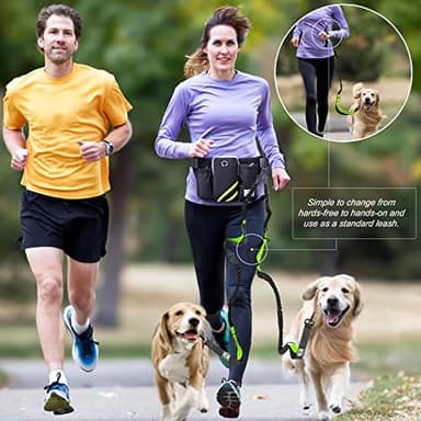 SHINE HAI Retractable Hands Free Dog Leash with Dual Bungees for 2 Dogs, Adjustable Waist Belt, Reflective Stitching Leash for Running Walking Hiking Jogging Biking Black - Green - Image 2