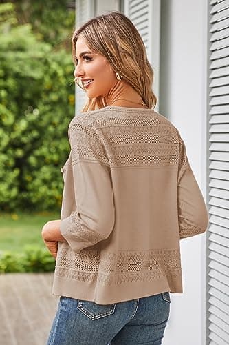 GRACE KARIN Womens Cropped Cardigan 3/4 Sleeve Sweaters Tops V-Neck Button Knitwear Crochet Cardigan Bolero Shrug Khaki L - Image 3