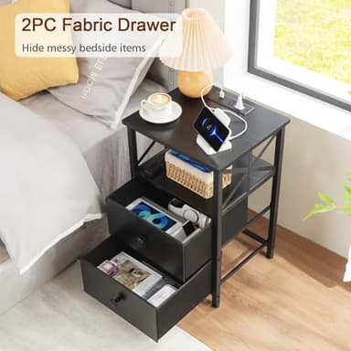AMHANCIBLE Night Stand Set 2, LED Nightstand with Charging Station, End Tables Living Room with Fabric Drawers, Bedside Table for Bedroom, Black, HET052LBK - Image 7