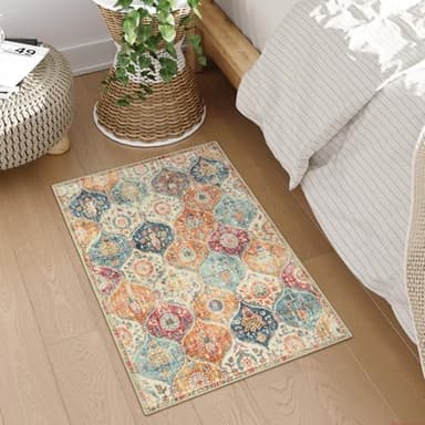 Lahome Moroccan Trellis Washable Rug, 2x3 Kitchen Rugs for Entryway Bathroom, Non-Slip Indoor Door Mat Ultra-Thin, Small Oriental Throw Carpet for Bedroom Entry, Cream/Multi - Image 7