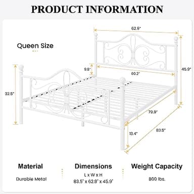 SHA CERLIN Queen Size Bed Frame with Headboard,Metal Bed Frame with Butterfly Pattern Design Headboard & Footboard,No Box Spring Needed,Easy Assembly,White - Image 2