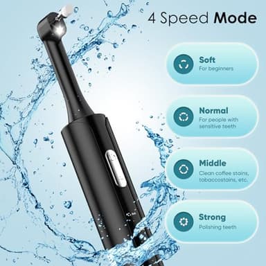 Tooth Polisher, Rechargeable Teeth Polisher with 5 Brush Heads, 4 Speed Modes, Tooth Whitening Kit for Cleaning and Polishing, LED Light, 3 Polish Pastes, IPX6 Waterproof Teeth Cleaning Tools, Black - Image 2