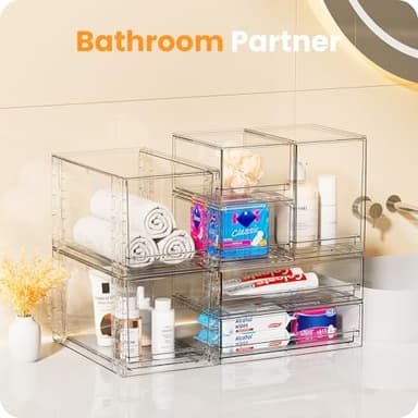 A-LuGei 【𝟰𝗣𝗖𝗦】 Acrylic Stackable Storage Drawers, 8.7" H Makeup Organizer, Bathroom Organizer and Storage, Plastic Storage Bins for Kitchen Cabinet Pantry Medicine Fridge - Image 2