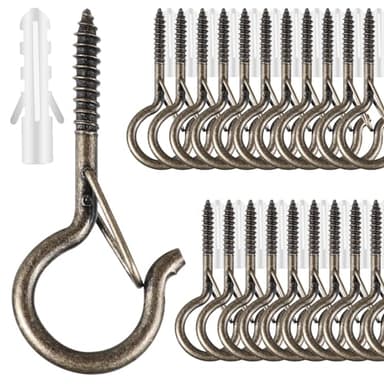 FSAH 35 PCS Screw-in Hooks for Outdoor String Lights, Q Hangers Hooks Outdoor for Outside, Swivel Hanging Basket Patio Light Hooks with Safe Buckle Screw in Planter Eye Hook for Wall Ceiling, Copper - Image 1