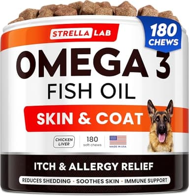 StrellaLab Fish Oil Omega 3 Treats for Dogs (180 Treats) - Allergy & Itch Relief - Skin & Coat Supplement - Joint Health - Wild Alaskan Salmon Oil - Shedding, Itchy Skin Relief - Omega 3 6 9 - EPA&DHA - Image 1