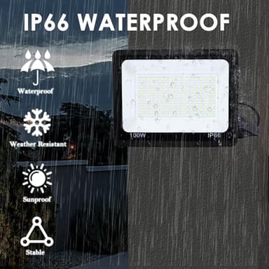 100W Flood Light Outdoor, 9500LM Floodlight Super Bright (800W Halogen Equivalent) Security Lights Outside, IP66 Waterproof, 6500K White Wall Mount Exterior LED Flood Light, CRI 90+, 2 Pack - Image 3