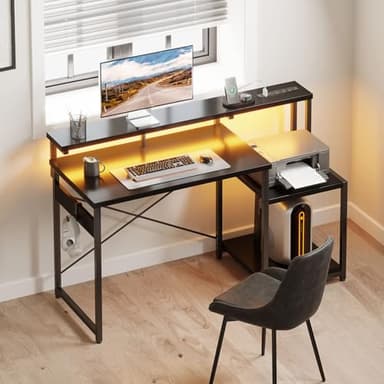 AODK Computer Desk, 48 Inch Gaming Desk with Led Lights & Power Outlet, Office Desk with Storage Shelves, Reversible Desk with Monitor Shelf & Headphone Hook, Carbon Fiber Black - Image 9