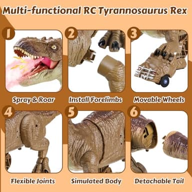 HAYXUN RC Tyrannosaurus Rex Dinosaur Toys for Kids 3-5, 5-7, 8-12, Remote Control T Rex Dino Robot Toy with Spray, Roar & Light, Birthday for 3 4 5 6 7 8 9 10 11 12 Year Old Boys (Brown) - Image 5