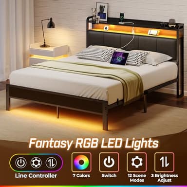 Rolanstar Queen Bed Frame with LED Lights, Upholstered Headboard, Charging Station, Storage Shelves, Heavy Duty Metal Slats, No Box Spring Needed, Noise Free, Easy Assembly, Dark Grey - Image 3