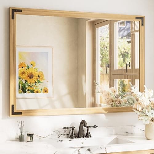 TETOTE 60 x 36 Natural Wood Mirror for Bathroom Wall/Bedroom/Living Room/Entryway Farmhouse Rustic Bathroom Vanity Mirror for Wall Waterproof (Horizontal/Vertical Mounted) - Image 1