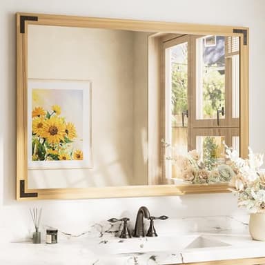 TETOTE 60 x 36 Natural Wood Mirror for Bathroom Wall/Bedroom/Living Room/Entryway Farmhouse Rustic Bathroom Vanity Mirror for Wall Waterproof (Horizontal/Vertical Mounted) - Image 1