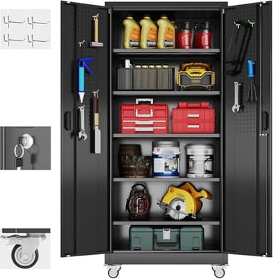 Aobabo Garage Storage Cabinet with Door Pegboard,Lockable Metal Storage Cabinet with 5 Adjustable Shelves for Garage Home,Required Assembly,Black - Image 1