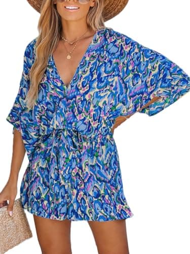 CUPSHE Women's Summer Romper V Neck 3/4 Sleeve Loose Drawstring Vacation Mini Jumpsuit Wide Leg Outfit Blue, M - Image 1