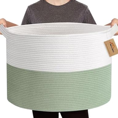MEGASKET Extra Large Blanket Basket, 22" X 22" X 14" Kids Dog Toy Storage Bin Box, Nursery Baby Toddler Toy Organizer, Soft Cotton Rope Woven Bin, Large Basket for Blankets for Living Room, Green - Image 1