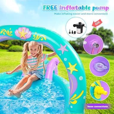 SULIFEEL Mermaid Inflatable Play Center Kiddie Pool with Slide and Sprinkler for Children, 96''x59''x39'' Baby Pool for Backyard and Garden, Free Inflatable Pump - Image 3