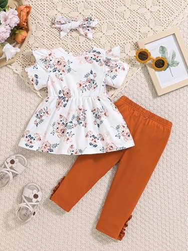 3-4 Years Old Girl Clothes 3T 4T Toddler Baby Spring Outfits Clothing KId Ruffle Top Cute Pants+Headband Summer Clothes Sets for Girls Brown+Floral - Image 3