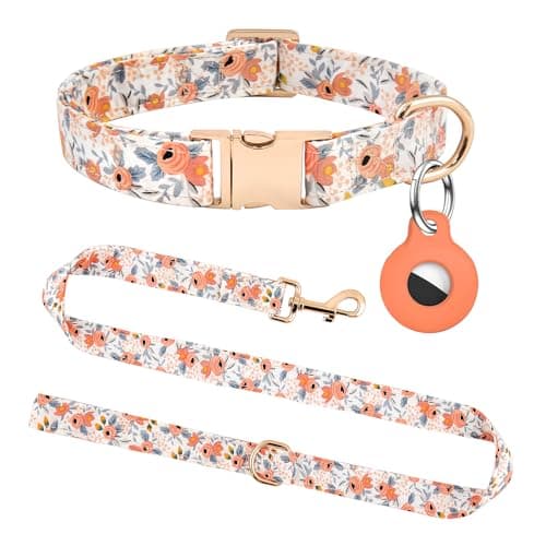 Dog Collar and Leash Set with AirTag Holder,Adjustable Dog Collars with Quick Release Metal Buckle,Flowers Patterns with Soft Padded for Small Medium Large Dogs - Image 1