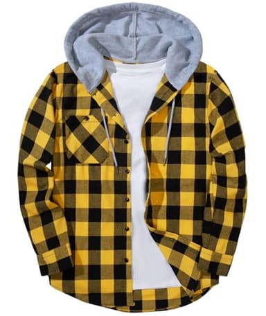 ZITY Men's Flannel Hoodie Shirts Casual Button Down Plaid Shirt Jackets for Men Long Sleeve Stylish Hooded with Pocket Yellow Medium - Image 1