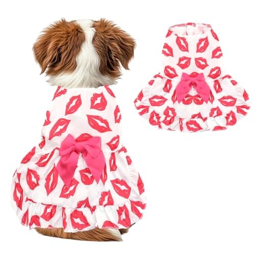 Dog Dress S, Cute White Pet Dress with Red Lip and Pink Bow, Stylish Pet Outfit for 6-7 lbs Dogs and Cats, Romantic Holiday Clothing - Image 1