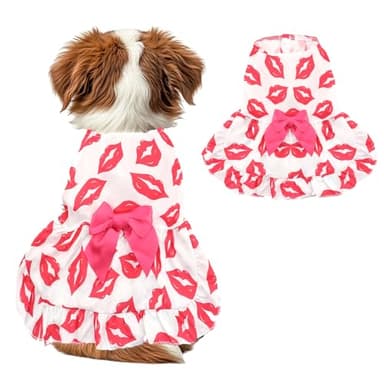Dog Dress S, Cute White Pet Dress with Red Lip and Pink Bow, Stylish Pet Outfit for 6-7 lbs Dogs and Cats, Romantic Holiday Clothing - Image 1