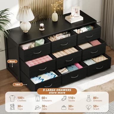 OURPIC Black Dresser for Bedroom, Long Dresser for Closet, 9 Drawer TV Stand for 65 Inch TV, 15.75” Deepth Fabric Drawer, Chest of Drawer Large Storage Organizer, Hallway Furniture, Wooden Top Side - Image 6