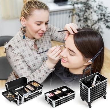 Yaheetech Rolling Makeup Train Case 3 in 1 Cosmetic Case Professional Makeup Suitcase Large Aluminum Cosmetic Trolley with Swivel Wheels and Key, Diamond Pattern- Black - Image 2