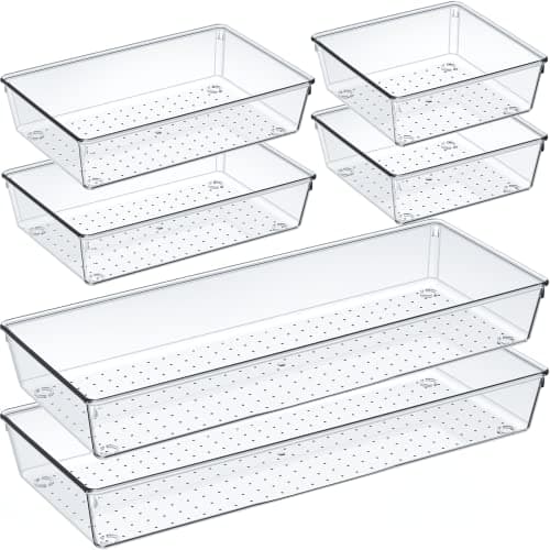 Criusia 6 Pcs Large Size Clear Drawer Organizer Set, Acrylic Non Slip Non Cracking Kitchen Drawer Storage Tray Divider, Multifunctional Storage for Cosmetics, Bathroom, Tools, Kitchen and Office - Image 1