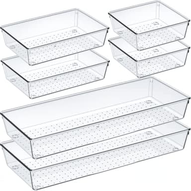 Criusia 6 Pcs Large Size Clear Drawer Organizer Set, Acrylic Non Slip Non Cracking Kitchen Drawer Storage Tray Divider, Multifunctional Storage for Cosmetics, Bathroom, Tools, Kitchen and Office - Image 1
