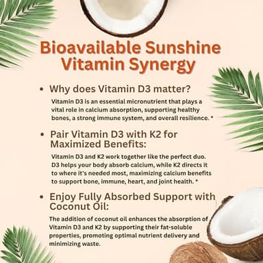 Micro Ingredients Vitamin D3 10,000 IU + K2 MK-7 200 mcg, 300 Softgels | Virgin Coconut Oil | 2-in-1 Bone, Immune & Heart Support | Easy to Swallow, Non-GMO - Image 5