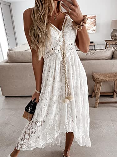 CUPSHE Women's Summer Dresses Sleeveless Lace Casual Tassel Beach Spaghetti Straps Flowy Maxi Sun Dress White, L - Image 4