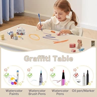 Kids Study Table and Chairs Set, Height Adjustable Toddler Table and Chair Set for Kids Ages 3-8, 31.5" L x 23.6" W Graffiti Desktop Plastic Children Art Table with 2 Seats, Burlywood - Image 4