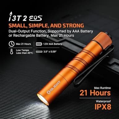 OLIGHT I3T 2 EOS Pocket EDC Flashlight, 200 Lumens Compact Bright Handheld Flash Lights, Dual-Output Tail Switch with AAA Battery and Two-Way Pocket Clip for Camping and Hiking (Orange) - Image 2